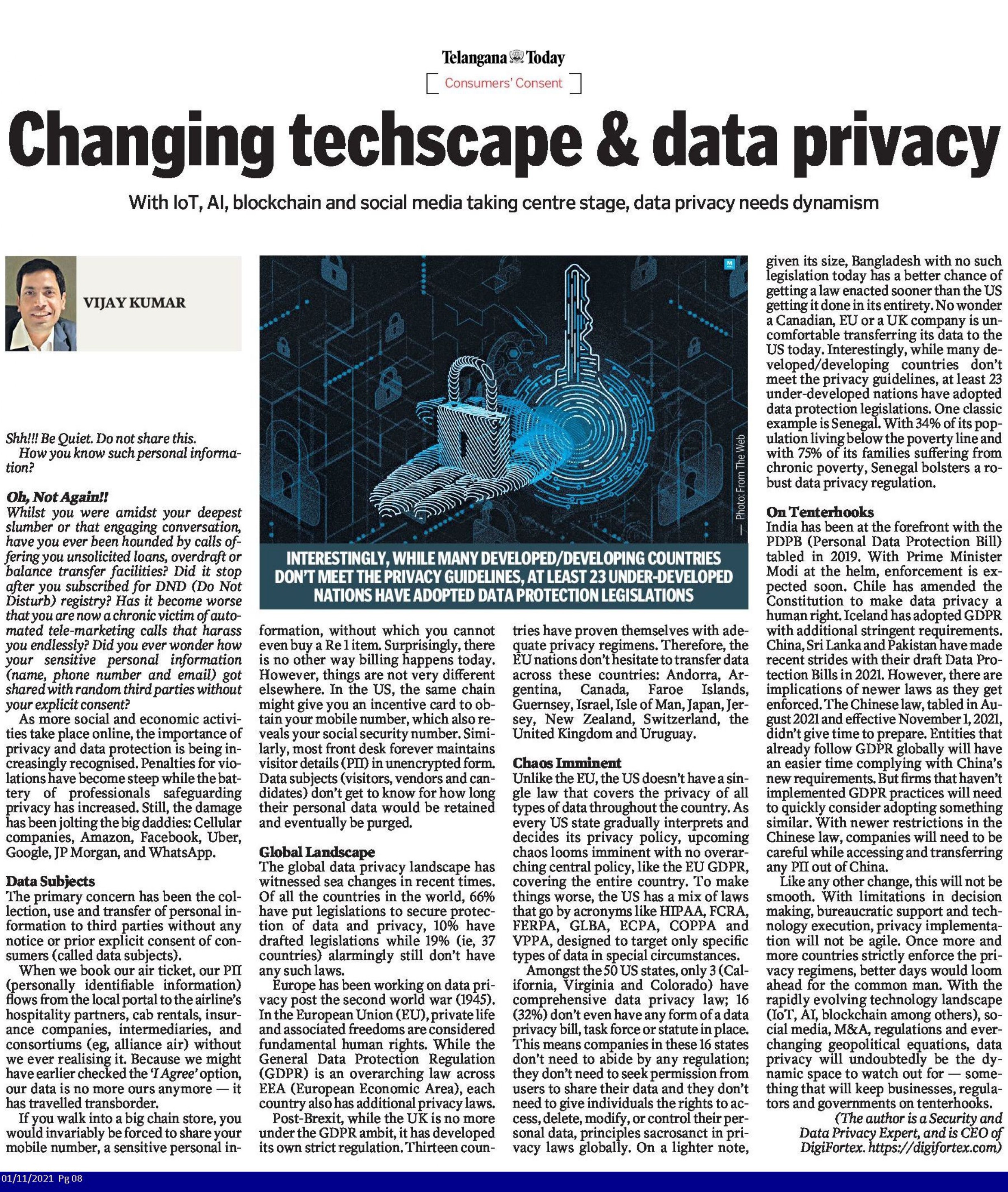 Telangana Today newspaper article on data privacy